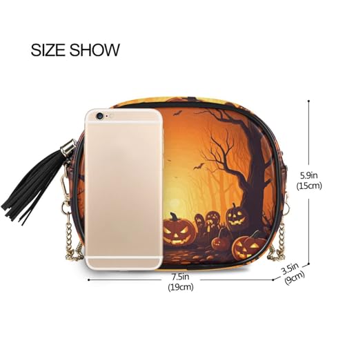 Crossbody Shoulder Bag Tassel Purse Halloween Pumpkins Road PU leather Small Handbag Fashion Evening Clutch with Chain3