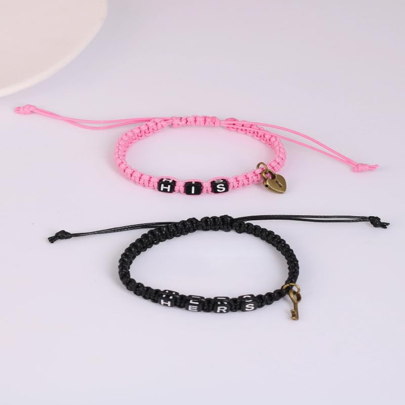 Image of AKOAK 2 Pcs HIS HERS Couple Braided Bracelet Padlock Key Pendant Hand Braided Lanyard Valentine's Day Gift Jewelry