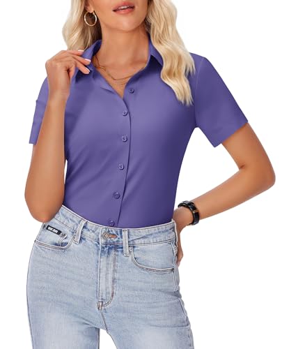 Image of siliteelon Womens Button Down Shirt Slim Fit Stretch Short Sleeve Dress Shirt Wrinkle Free Collared Business Work Blouse Top