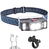 LED Stirnlampe, Superheller 7 Modi Kopflampe, USB Wiederaufladbar Stirnlampe mit Rotem Warnlicht, IPX5 Wasserdicht Stirnleuchte für Laufen, Joggen, Angeln, Camping, Radfahren, Wandern, Arbeit, Bauen