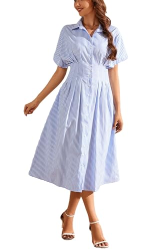 Ladyful Striped Maxi Dress for Women Button Down Shirt Dress Short Sleeve Casual Summer Formal Midi Shirtdress