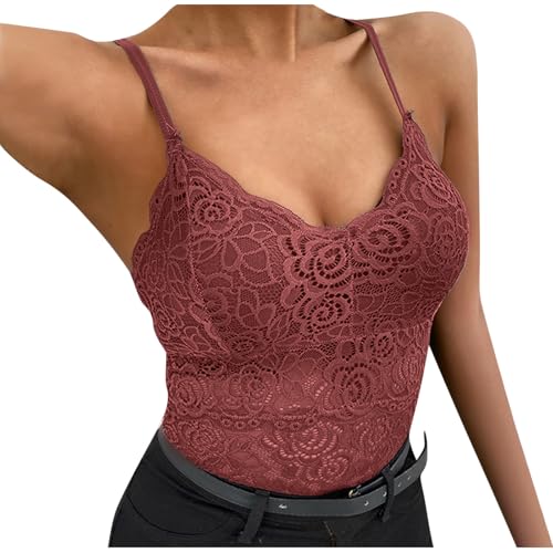 Borniu Women's Lace Bralette Sexy V Neck Unpadded Wirefree Longline Bra Strap Crop Tops Stretchy Camisoles Everyday Lingerie Red