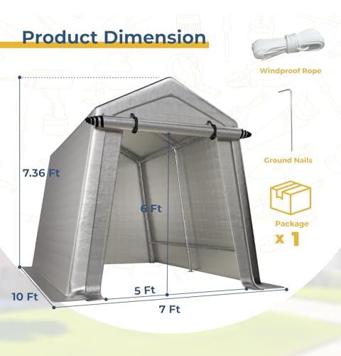 LINKHOO 7 x 10 FT Carport, Portable Shed w/220G Heavy Duty Waterproof PE Tarp, Roll-up Zipper Door & Vent, Weather-Resistant Storage Shed for Motorcycle, Bike and Tools, Gray
