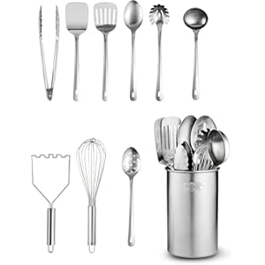 Stainless-Steel Kitchen Utensil Set – 10-Piece Premium Nonstick & Heat Resistant Gadgets, Turner, Spaghetti Server, Ladle, Serving Spoons, Whisk, Tongs, Potato Masher & Utensil Holder
