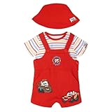 Disney Cars Infant Baby Boys Short Overalls, T-Shirt and Bucket Sun Hat 3 Piece Outfit Set Red/Yellow/Blue 12 Months