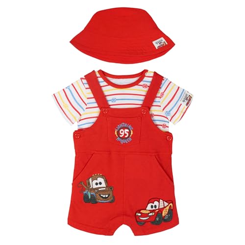 Disney Cars Infant Baby Boys Short Overalls, T-Shirt and Bucket Sun Hat 3 Piece Outfit Set Red/Yellow/Blue 12 Months