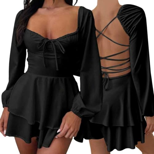 AOWVUTS Kleid Damen Sexy Langarm Quadratischer Ausschnitt Rückenfrei Minikleid Elegant Rüschen Kurz Kleid Einfarbig Hohe Taille Swing A Linie...