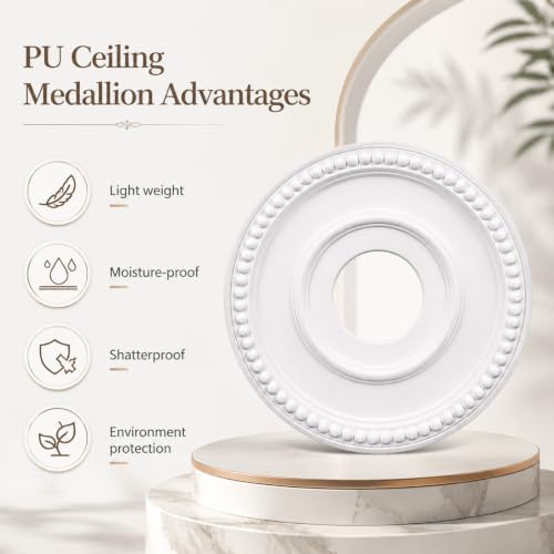 Image of 2pcs Ceiling Medallion for Light Fixtures Chandeliers,White,Beaded | Molded PU Ceiling Decor, Lightweight Decorative Trim, for Ceiling Fan, Chandelier and Indoor Lighting Fixture Home Renovation