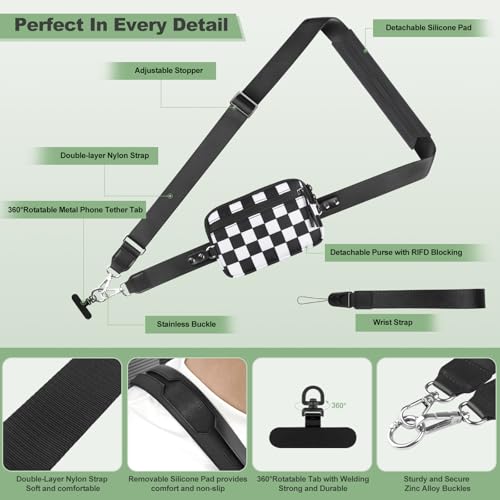 Image of YFWE Clip and Go Strap for Phone with Wallet Crossbody, Adjustable Phone Lanyard with Detachable RFID Wristlet Wallet, Phone Strap with Phone Tabs for All Phones, Black Checkered (M)