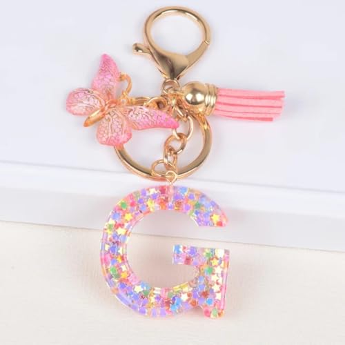 Image of GEOCARTER Lightweight Fashion Initial Letter Key Ring with Butterfly Pendant & Tassel, Stylish Purse Charm for Handbags, Car Keys, Gifts for Girls & Women