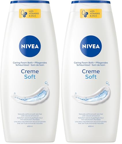 NIVEA Creme Soft Pflegendes Schaumbad, pflegender Badezusatz mit mildem Duft und Mandelöl, hautschützendes Entspannungsbad für ein gepflegtes Hautgefühl (650 ml) (Packung mit 2)