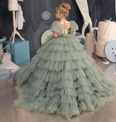 Flower Girl Dress Lace Appliques Princess Tulle Pageant Dress Ruffles Long Flower Girl Dresses4