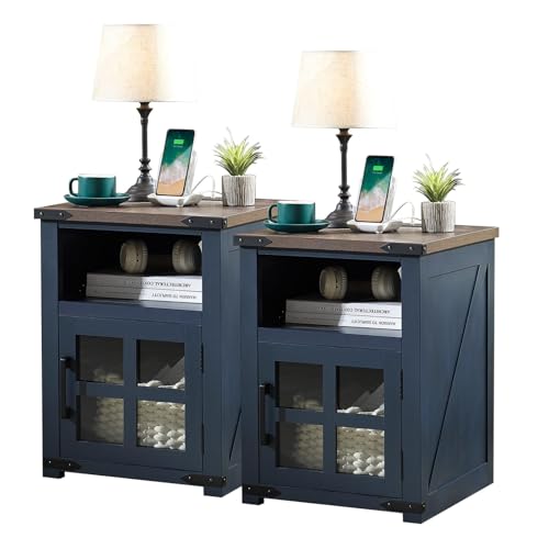 Barnyatoh Farmhouse Nightstand with Charging Station, Rustic End Table with Tempered Glass Barn Door, Wood Side Bedside Table with Open Storage Shelf for Living Room, Bedroom, Navy Blue, 2 P