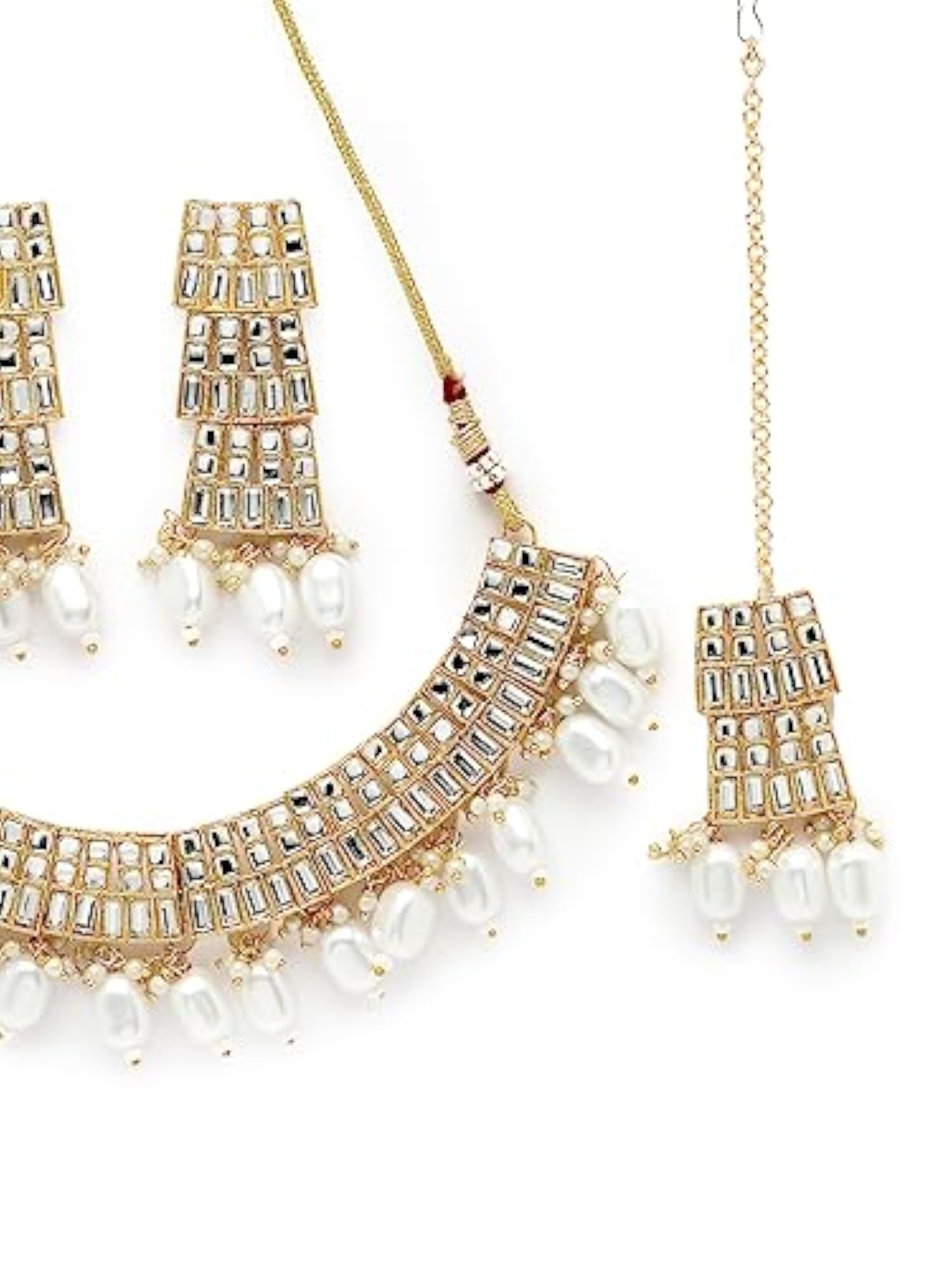 Plated AD & Beads Collar Bone Necklace Set With Earring And Maangtika