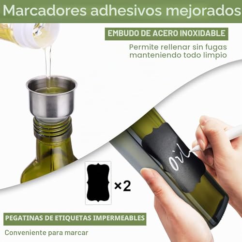 Miniatura 4 de Showvigor Aceitera de Vidrio, 500 ml Botella Dispensadora Aceite con Embudo, Tapa Antiincrustante, Botella Aceite para Cocina y Barbacoa (Verde) | Para cocina y barbacoa (verde)