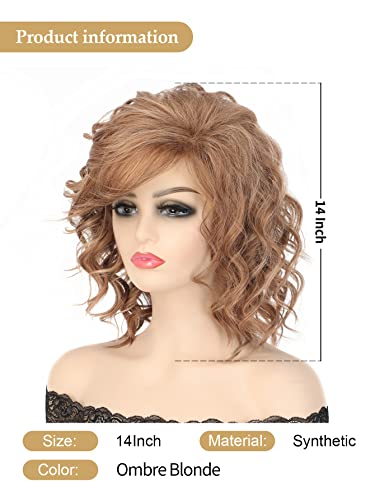 14 Inch Short Curly Wavy Bob Wigs For Women Ombre Blonde Wavy Wigs With Side Bangs Synthetic Hair Wig #TOP3