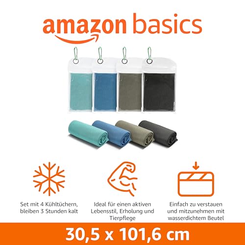 Amazon Basics Sport-Kühlhandtücher für Hals und Gesicht, fürs Training, 102 cm x 31 cm, 4er-Pack, Schwarz/Grau/Aqua/Marineblau