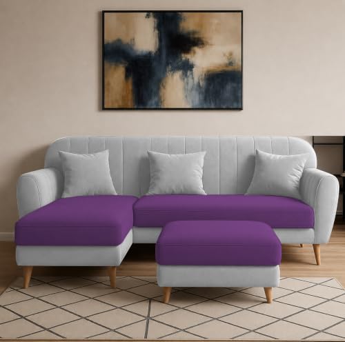 Image of Atticus LHS 4 Seater L Shape Sofa Set with Ottoman for Living Room (Purple Grey Fabric) Premium Fabric Sofa Set