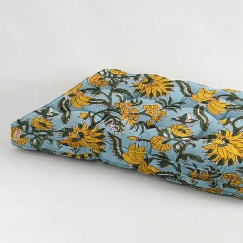 Image of Low Seating Floor Cushion 70 x 152 cm with 2 Back Support Cushions | Thick Quilted Cotton Floor Mattress Pad | Floral Printed Gadda for Sitting, Meditation, Yoga & Living Room Floor Seating