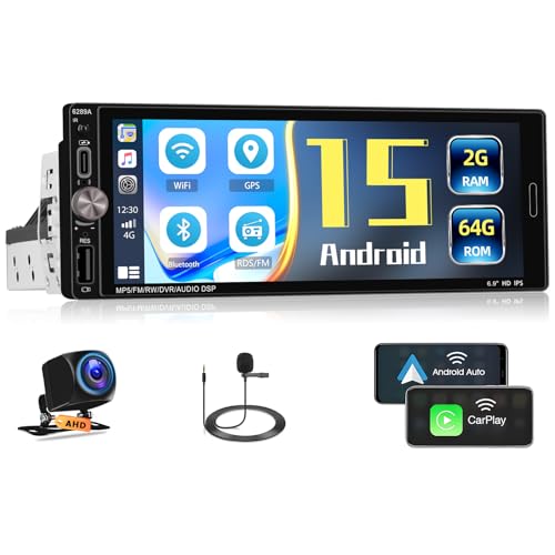 [2+64G] Inefala Autoradio 1 DIN con Pantalla 6.9', Radio Coche 1 DIN con Carplay Inalámbrico Android Auto Navi GPS WiFi Bluetooth RDS/FM Cámara Trasera Mic