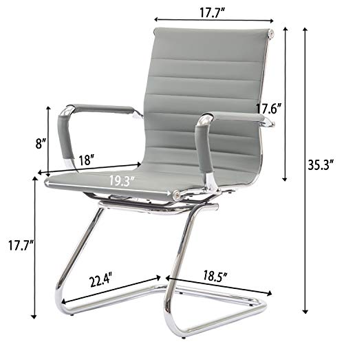Image of Conference Room Chairs Set of 2, Waiting Room Chairs with Arms, Faux Leather Reception Chairs No Wheels, Office Guest Chairs with Mid Back Support and Chrome Sled Base, Grey
