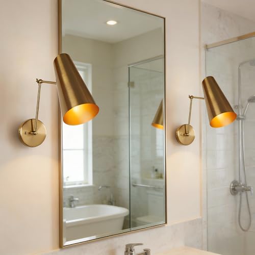 Image of 9.75 inch Elegant Articulating Mid-Century Modern Metal Sconce, Multi-Color Available, Streamlined Design Metal Wall Light for Living Room, Lounge Room, Sitthing Room, Hardwire (Brass Pole with Brass)