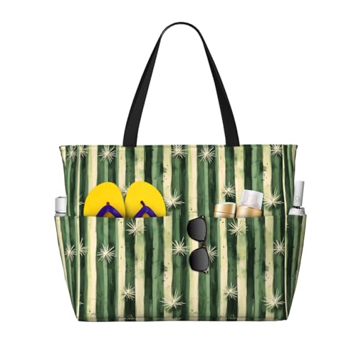 Large Beach Bags for Women Sandproof - Cactus Vertical Stripes Print Summer Work Travel Tote Bags with Zipper