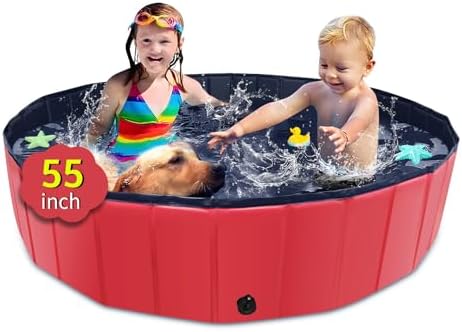 CACSPS Foldable Dog Pool, 55″ x 12″ Kiddie Pool with Hard Plastic, Non-Slip Dog Bath Tub for Outdoor Backyard, Collapsible Dog Swimming Pool for Kids Dogs Pets (Red)