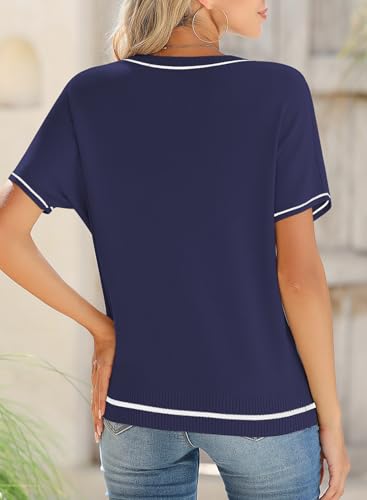 Image of SHEWIN Womens Tops Trendy Short Sleeve Shirts Crewneck Lightweight Knit Sweater Top Business Casual Outfits