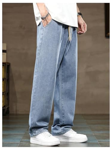 OYOANGLE Men's Vintage Elastic Drawstring Waist Jeans Casual Straight Leg Denim Pants3