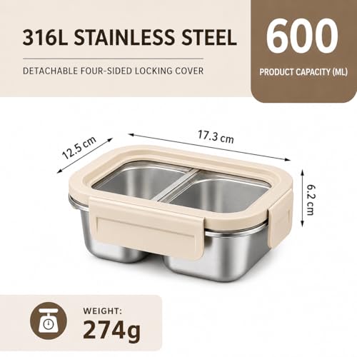 Image of Motka Premium 600 ml Divided Bento Lunch Box | 316L Stainless Steel 2 Compartment with Detachable Leak-Proof Locking Lid | Airtight Tiffin Box for Kids, School, Office & Travel (Beige)