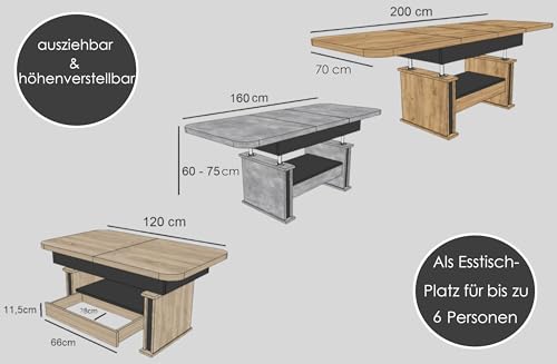 DA-555 Couchtisch Weiß Hochglanz / Eiche Gold ausziehbar höhenverstellbar mit Schublade 120/200 cm modern Wohnzimmertisch Esstisch abgerundete Ecken Sofatisch platzsparend hochwertig Wohnzimmer – Bild 3