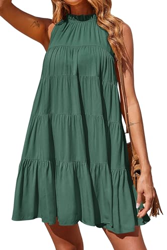 Okiwam Womens Summer Halter Dresses Sleeveless A Line Tiered Swing Mini 2025 Fall Casual Boho Beach Vacation Sundress
