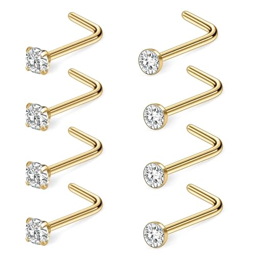IKOPFLN 8 piezas 20G de acero quirúrgico Piercing Rhinestone Cubic Zirconia nariz 14K de oro Pendientes de tornillo recto en forma de L nariz Piercing Stud Joyería de 2 mm