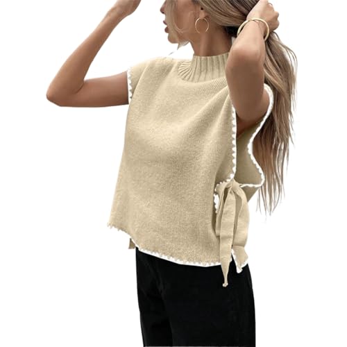 Knit Sweater Vest Sleeveless Side Tie Pullover Round Neck Soft Textured Knitwear with Contrast Edge Trim