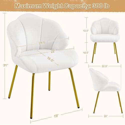 Image of Yaheetech Vanity Chair, Velvet Accent Chair with Shell-Shaped Backrest, Modern Armchair with Gold Metal Legs for Dressing Room /Bedroom /Living Room, White | Velvet Makeup Chair with Back, No Wheels, Desk Chair with Gold Metal Legs for Bedroom /Dressing Room /Living Room /Reading