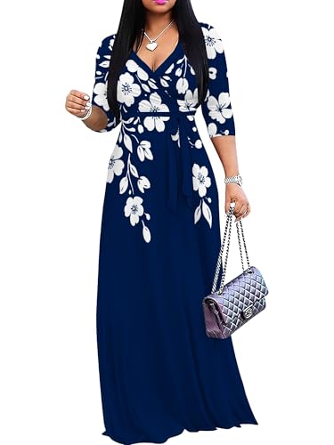 Image of SUZONANA Plus Size Dresses for Women Floral Print Maxi Dress Flowy 3 /4 Sleeve with Belt