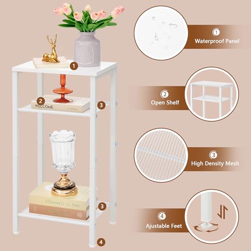 Image of Hoctieon 2-Set 3 Tier End Table, Telephone Table Set of 2, Tall Side Table with Storage Set of 2, Small Nightstand for Small Spaces, Metal Frame, White