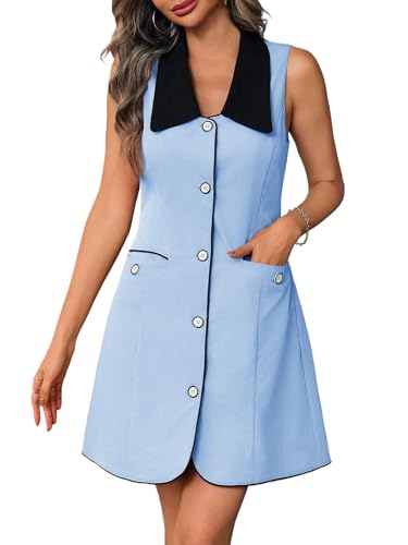 Wenrine Womens Button Down Work Dress Casual Self Tie Lapel Neck Sleeveless Business Blazer Mini Dresses