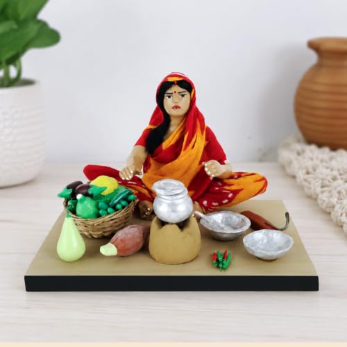 Image of Krishnanagar Handmade Clay Gift & Decor | Standard- Sitting Human Figure Miniature Idol - Mother's Hand Cooking, 10 cm