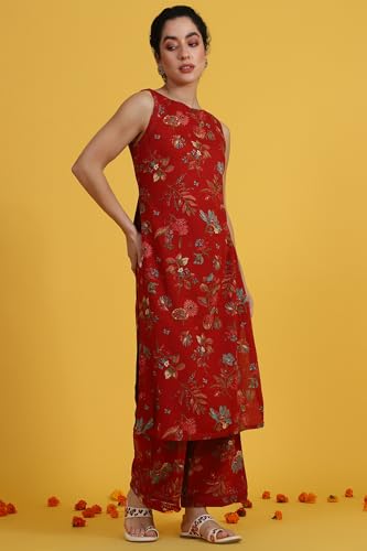 Image of W for Woman Reef Blue Floral Printed Modal Straight Kurta, Pants and Dupatta Set