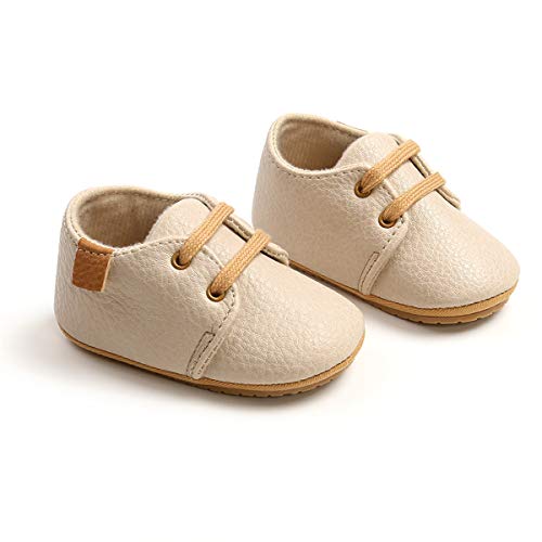 Cosankim Baby Boys Girls Shoes Lace Up Leather Infant Sneakers Non Slip Rubber Sole Newborn Loafers Toddler First Walker Crib Shoes (0-18 Months), 6-12 Months Infant, A-Beige Baby Shoes #TOP2