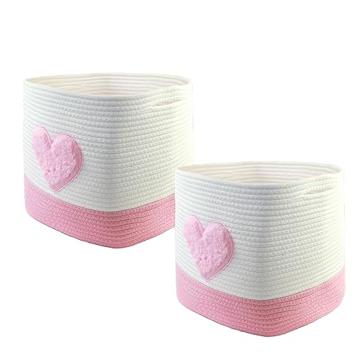Image of childishness ndup Woven Storage Cubes baskets for shelves，Baby Toy Basket for Shelves - Stylish Storage Baskets for Organizing, Laundry (Pink with Heart)