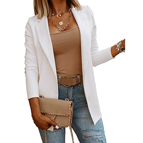 Womens Casual Long Sleeve Blazers Solid Color Knit Blazer Work Office Open Front Blazer Jacket White #TOP2