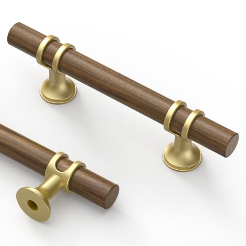 Asidrama 10 Pack 3 Inch(76mm) Wood and Gold Cabinet pulls Kitchen Cabinet Handles, Cabinet Pulls Kitchen Cabinet Hardware for Cupboard Drawer Pulls
