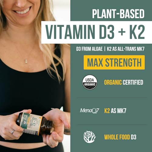 Image of Organic Plant D3 + K2 | 10000 IU D3 + 120 mcg K2 as All-Trans MK7 from MenaQ7 - 100% Whole Food, Raw & Vegan | Enhanced Digestion with Prebiotic & Superfood Complex - D3 from Organic Algae (60 Count)