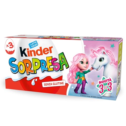 Kinder Sorpresa Lei - Set di 3 Uova di Cioccolato al Latte con Sorpresa, Ogni Uovo Contiene un Gioco Unico Unicorns, Senza Glutine, Snack Dolce Ideale per Merenda, Confezione da 60 gr