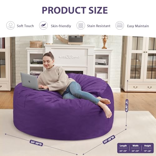 3FT Bean Bag Chair, Comfy Bean Bag Chairs with Memory Foam Filled, Fluffy Beanbag Sofa with Dutch Velvet Cover, Round BeanBag Chairs for Living Room, Playroom - Purple