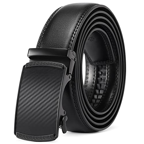 Men's Leather Belt Automatic Ratchet Buckle Slide Belt for Dress Casual Trim to Fit with Gift Box