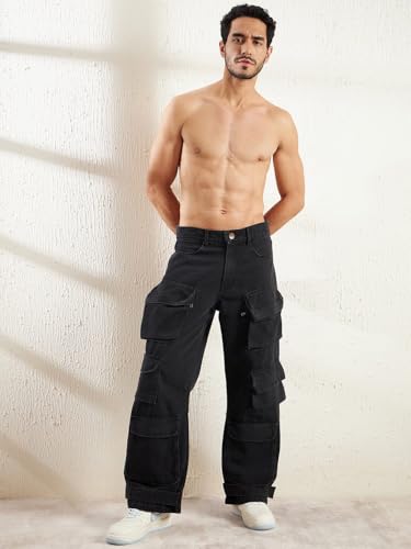 Image of FUGAZEE Black Super Baggy Cargo Denim Jeans for Men | 100% Cotton Non-Stretch Fabric | Oversized Fit | Cargo Pockets | Button & Zip Closure | Streetwear Utility Pants